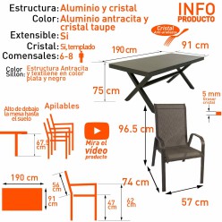 Conjunto exterior. Mesa 190 cm y 6 sillones apilables Antracita 2