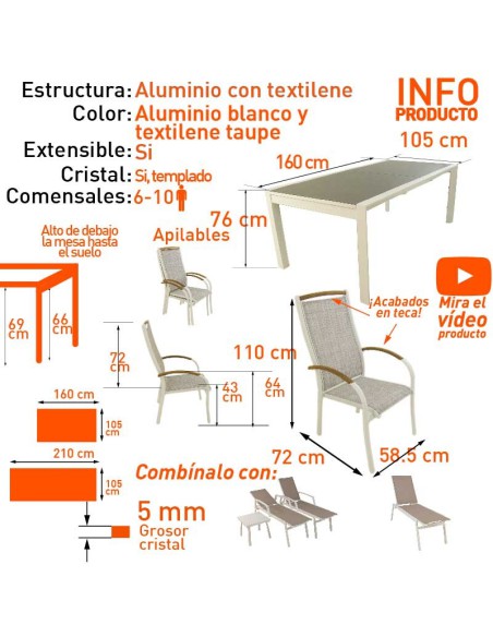 Tabela definida jardim extensivel 160/210 e 6 poltronas empilhaveis de Laver