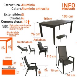 Conjunto mesa extensible 160/220 y 6 sillones de jardín reclinables Antracita 2