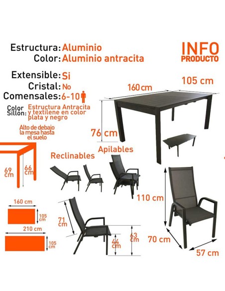 Conjunto mesa extensible 160/220 y 6 sillones de jardín reclinables Antracita