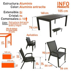 Conjunto muebles jardín. Mesa extensible 200/300 y 8 sillones reforzados Antracita 2