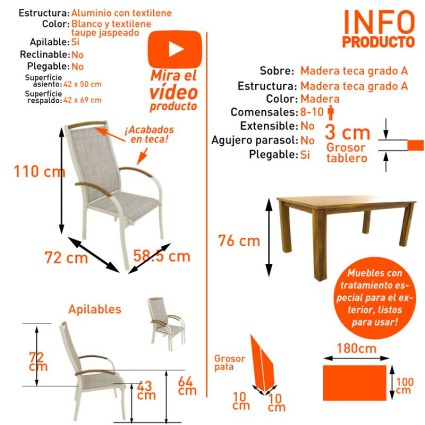 Conjunto de jardín. Mesa teca Bistro 180 y sillones apilables