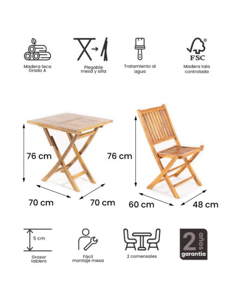 Conjunto de jardín. Mesa teca Bistro 180 y sillones apilables