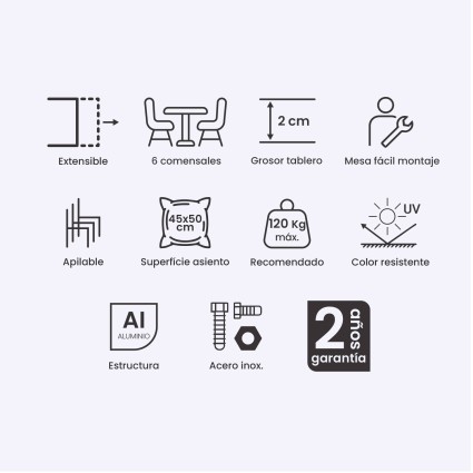 Conjunto de jardim de mesa extensivel 170-240 e 6 poltronas reforcadas Antracita