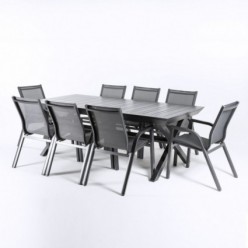 Conjunto de jardim, mesa extensível 215295 e 8 poltronas empilháveis, alumínio antracite e textileno prata e preto