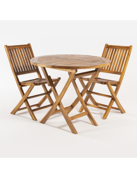 Conjunto muebles de teca. Mesa redonda 90 y 2 sillas plegables
