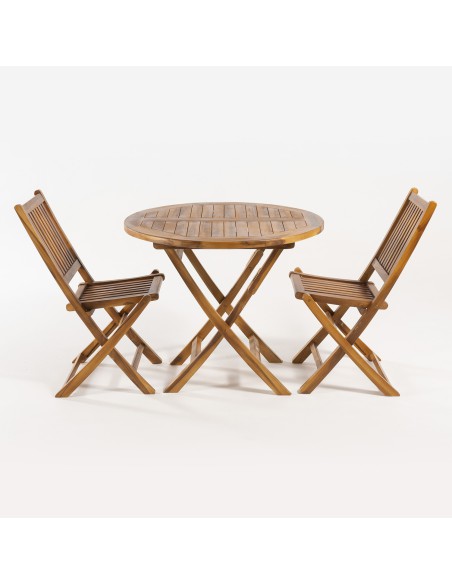 Conjunto muebles de teca. Mesa redonda 90 y 2 sillas plegables