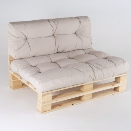 Canapé palette avec coussins d'assise et de dossier beiges