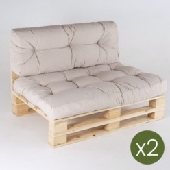 pack de 2 paletes de sofás + 2 almofadas de assento 80x120x16 cm + 2 almofadas de encosto 42x120x16 cm, cor creme