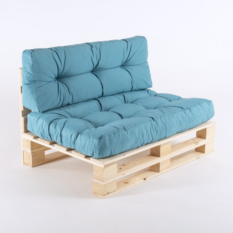 Sofa de palets con cojines asiento y respaldo turquesa