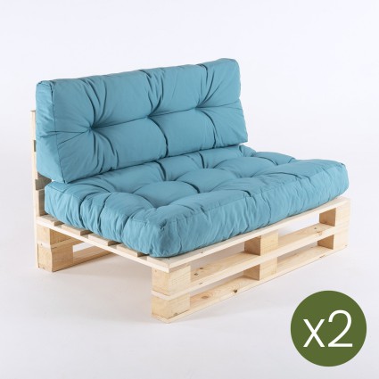 pack de 2 paletes de sofas y 2 almofadas de assento 80x120x16 cm y 2 almofadas de encosto 42x120x16 cm cor turquesa