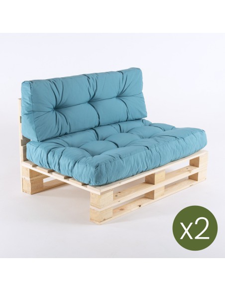 pack de 2 paletes de sofas y 2 almofadas de assento 80x120x16 cm y 2 almofadas de encosto 42x120x16 cm cor turquesa