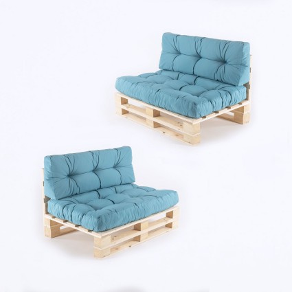 pack de 2 paletes de sofas y 2 almofadas de assento 80x120x16 cm y 2 almofadas de encosto 42x120x16 cm cor turquesa
