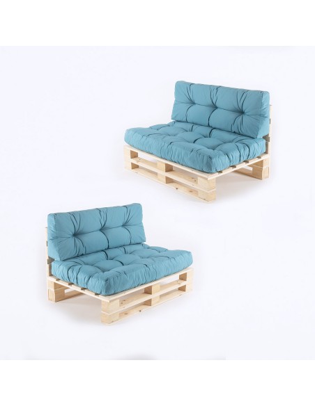 pack de 2 paletes de sofas y 2 almofadas de assento 80x120x16 cm y 2 almofadas de encosto 42x120x16 cm cor turquesa