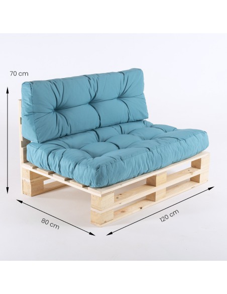 pack de 2 paletes de sofas y 2 almofadas de assento 80x120x16 cm y 2 almofadas de encosto 42x120x16 cm cor turquesa