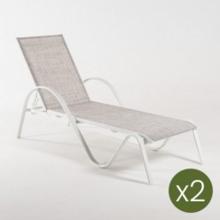 Pack de 2 espreguiçadeiras reclináveis e empilháveis, alumínio branco e textilene taupe marmorizado, Tamanho: 203x64x33 cm