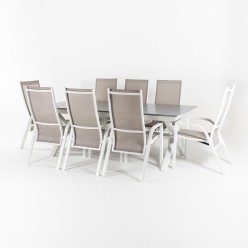 Exterior conjunto extensivel tabela 215-295 e 8 poltronas de Laver empilhaveis e reclinaveis