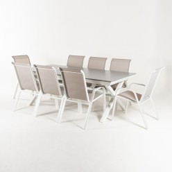 Conjunto Exterior de Tabela Extensivel 215-295 e 8 poltronas de Laver empilhaveis