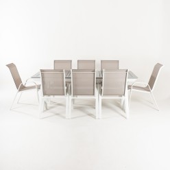 Conjunto Exterior de Tabela Extensivel 215-295 e 8 poltronas de Laver empilhaveis 2