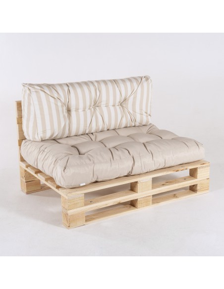 Sofa de paletes com almofadas de assento de baunilha e costas listradas de baunilha Sofa de paletes com almofadas de assento de baunilha e costas listradas de baunilha