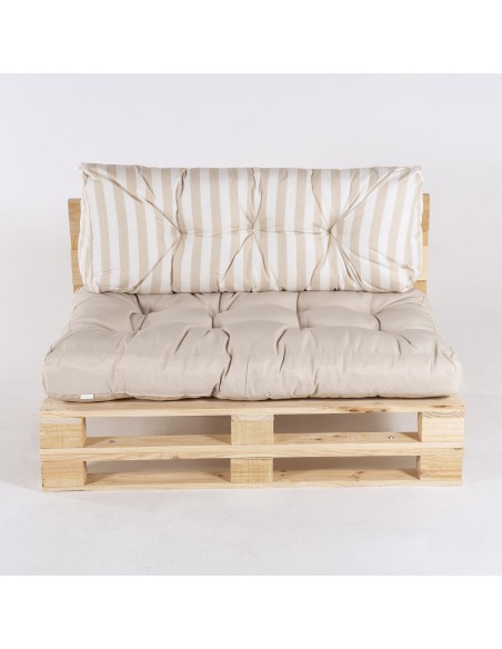 Sofa de paletes com almofadas de assento de baunilha e costas listradas de baunilha Sofa de paletes com almofadas de assento de baunilha e costas listradas de baunilha