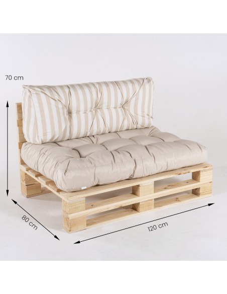 Sofa de paletes com almofadas de assento de baunilha e costas listradas de baunilha Sofa de paletes com almofadas de assento de baunilha e costas listradas de baunilha