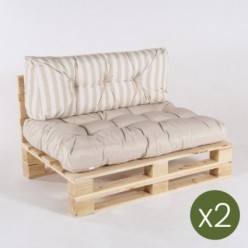 Canapé palette avec son assise vanille et ses coussins de dossier rayés vanille - Pack 2 unités