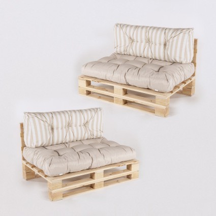 Sofa de paletes com assento baunilha e almofadas traseiras listradas de baunilha - pack de 2 unidades