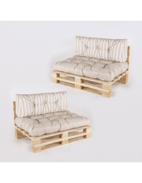Sofa de paletes com assento baunilha e almofadas traseiras listradas de baunilha - pack de 2 unidades Sofa de paletes com assento baunilha e almofadas traseiras listradas de baunilha - pack de 2 unidades