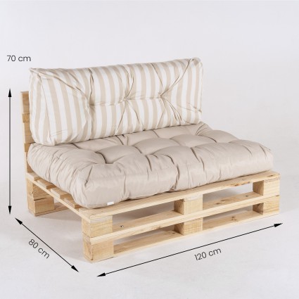 Sofa de paletes com assento baunilha e almofadas traseiras listradas de baunilha - pack de 2 unidades