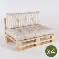 Sofá de paletes com almofadas de assento de baunilha e encosto listrado de baunilha - Pack 4 unidades