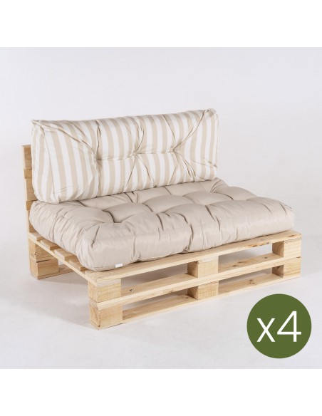 Sofa de paletes com almofadas de assento de baunilha e encosto listrado de baunilha - packcom 4 Sofa de paletes com almofadas de assento de baunilha e encosto listrado de baunilha - packcom 4