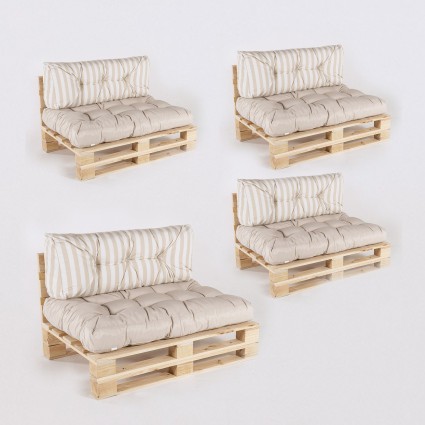 Sofa de paletes com almofadas de assento de baunilha e encosto listrado de baunilha - packcom 4