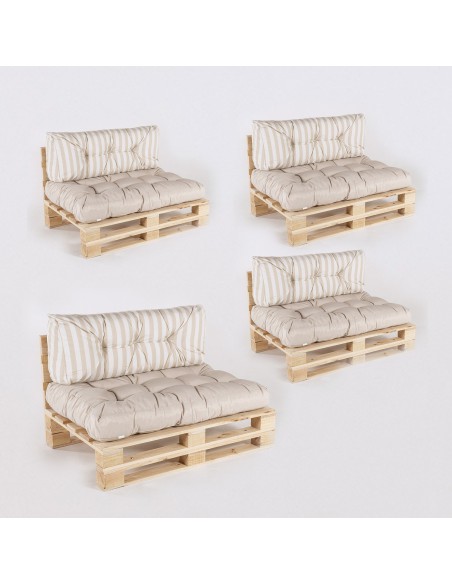 Sofa de paletes com almofadas de assento de baunilha e encosto listrado de baunilha - packcom 4 Sofa de paletes com almofadas de assento de baunilha e encosto listrado de baunilha - packcom 4