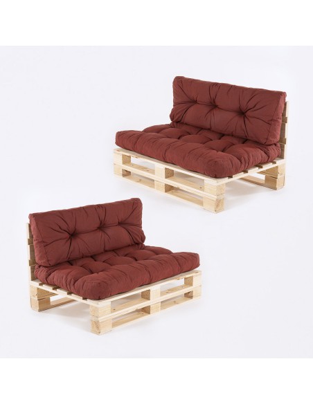 Canape palette et coussins d'assise et de dossier en olefine rouge - Pack 2 unites