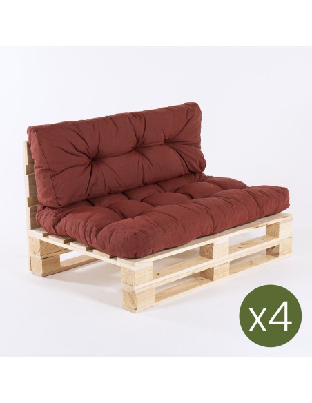 Canape palette et coussins d'assise et de dossier en olefine rouge - Pack 4 unites