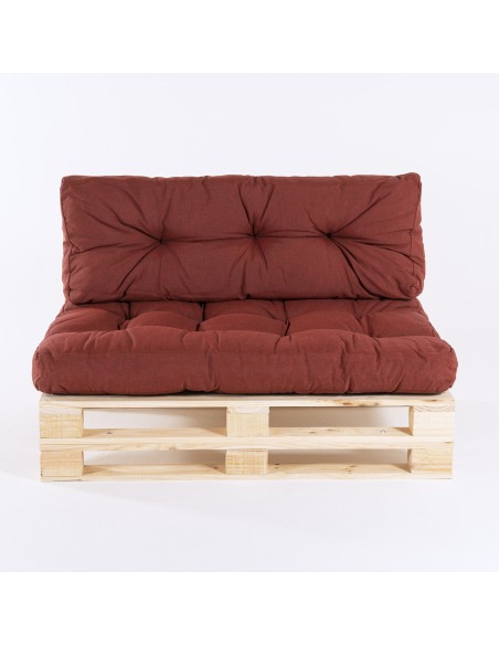 Canape palette et coussins d'assise et de dossier en olefine rouge - Pack 4 unites