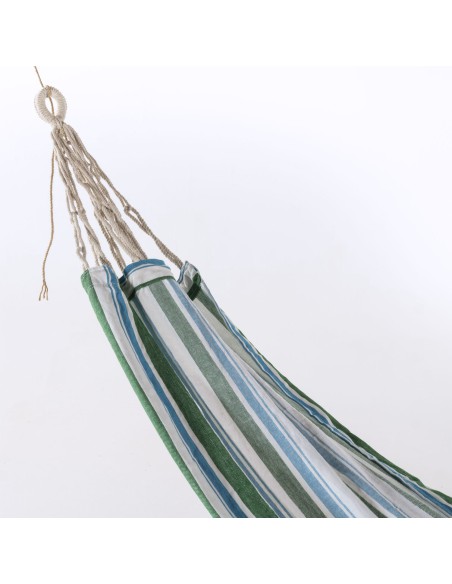 Hamaca para jardin de algodon con estampado de rayas azul y verde