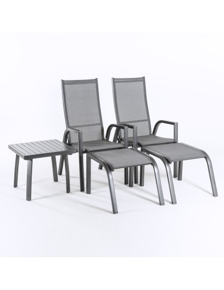Conjunto ao ar livre, 2 poltronas reclinadas, 2 Apoio para os pes e 1 mesa central