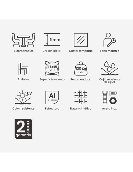 Conjunto mesa jardin 150 cm con bandeja giratoria y 6 sillones apilables Vasteras