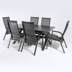 Conjunto exterior mesa extensível 170240 cm e 6 cadeiras reclináveis, alumínio antracite, prata e textilene preto