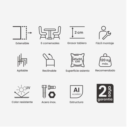 Conjunto para jardin de mesa extensible 170-240 y 6 sillones reclinables Antracita