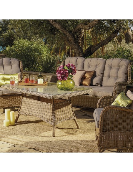 Conjunto de sofa de jardim Mesa de centro de 140 cm 2 poltronas e 1 sofa 3 lugares Aluminio e rotim sintetico redondo