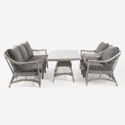 Jogo de sofa de jardim mesa de cafe de 140 cm 2 poltronas e 1 sofa de 3 lugares sentados em aluminio e rattan sintetico