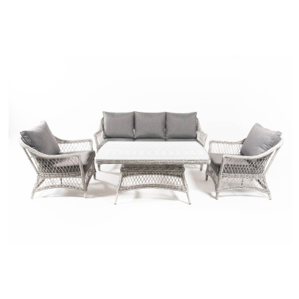 Jogo de sofa de jardim mesa de cafe de 140 cm 2 poltronas e 1 sofa de 3 lugares sentados em aluminio e rattan sintetico