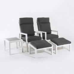 Set relax 2 sillones reclinables con 2 reposapies y 1 mesa auxiliar color blanco