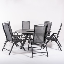 Ensemble exterieur table de jardin ronde en verre et 6 fauteuils relax anthracite