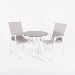 Ensemble d'extérieur table de jardin ronde en verre et 2 fauteuils capitonnés cuve