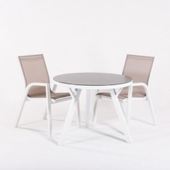 Ensemble table de jardin ronde en verre et 2 fauteuils renforcés cuve