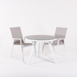 Ensemble d'extérieur table de jardin ronde en verre et 4 fauteuils capitonnés cuve